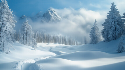 Obraz premium allure and enigmatic charm of traversing through a majestic winter wonderland where ethereal snowy landscape entices with its enigmatic allure and beckons spirit of adventure and exploration