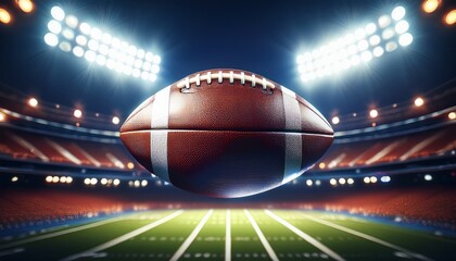 An ultra-realistic 3D render of an American football spinning mid-air, with motion blur and a stadium backdrop, capturing the intensity and action of the game.