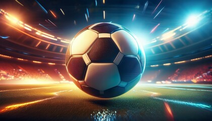 Fototapeta premium An ultra-realistic 3D render of a soccer ball spinning in the air, with motion blur and stadium lights illuminating the scene, capturing the dynamic energy of the game.