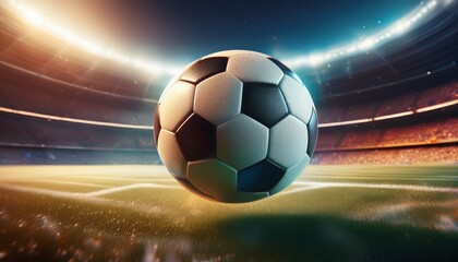 Fototapeta premium An ultra-realistic 3D render of a soccer ball spinning in the air, with motion blur and stadium lights illuminating the scene, capturing the dynamic energy of the game.