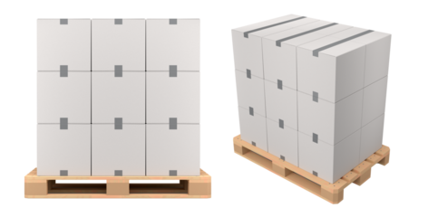 Set of wooden pallet for warehouse cargo storage with cardboard boxes on white