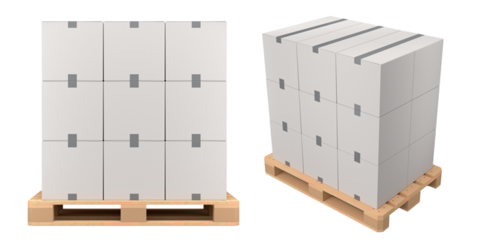 Set of wooden pallet for warehouse cargo storage with cardboard boxes on white