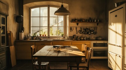 An old wooden kitchen with bright sunlight through a window