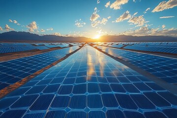 Solar Array at Sunset: A vast field of blue solar panels stretches toward the horizon, reflecting the golden light of the setting sun near distant mountains, beneath a sky dotted with clouds.