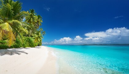 Fototapeta premium A tropical beach with crystal-clear turquoise water, soft white sand, swaying palm trees, and a bright blue sky, creating a perfect paradise getaway.