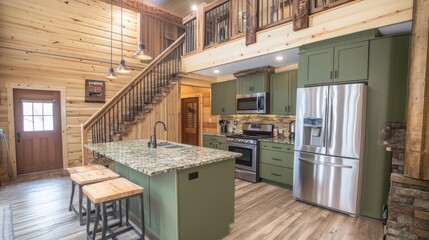 A kitchen interior showcasing Dill Green cabinetry and natural wood accents.