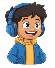 Happy boy wearing blue headphones and hoodie