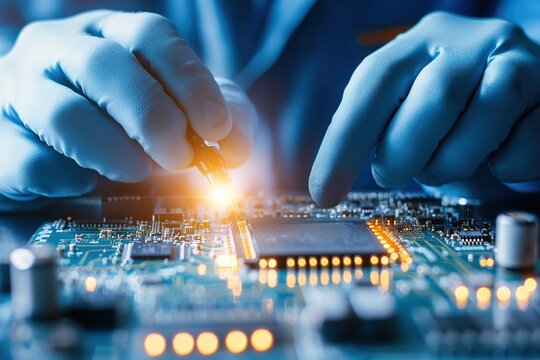 Close-up of hands working on a circuit board with glowing elements. - Powered by Adobe