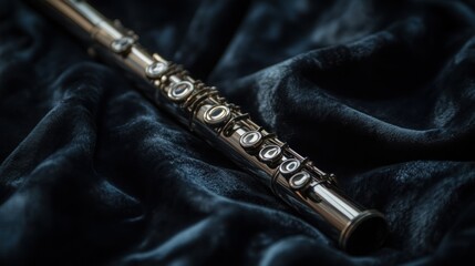 Naklejka premium A Shiny Silver Flute Resting Upon Soft Dark Blue Fabric