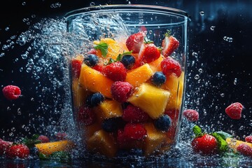 Refreshing Fruit Splash: Vibrant Berries, Mango Chunks, and Juicy Strawberries Plunge into a Glass Jar Amidst a Burst of Water on a Dark, Reflective Surface.
