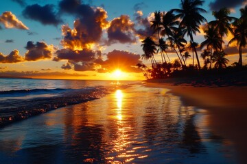A sunset over the ocean, where waves glisten in golden light. Generative AI