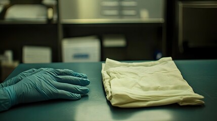 A sterile pet surgical gown and gloves placed neatly on a table.