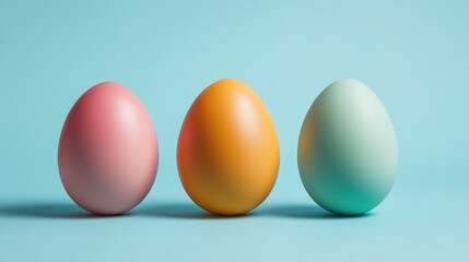 Three eggs of different colors - one pink, one orange, and one light blue - arranged in a row on a light blue background.