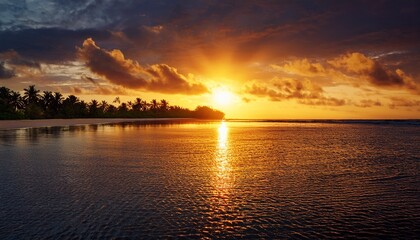 Naklejka premium A breathtaking sunset over the ocean, with dramatic golden hues reflecting on the water, creating a peaceful and relaxing tropical escape.