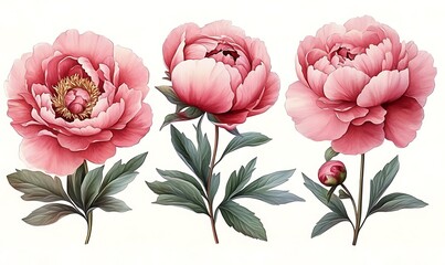 Beautiful pink peony flowers on white background 