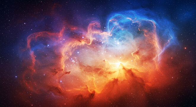 Expansive nebula in deep space, glowing with intense blue and orange hues, surrounded by millions of stars.