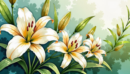 Obraz premium Elegant white lilies blooming in serene garden, spring symbolism, Palm Sunday, Watercolor style