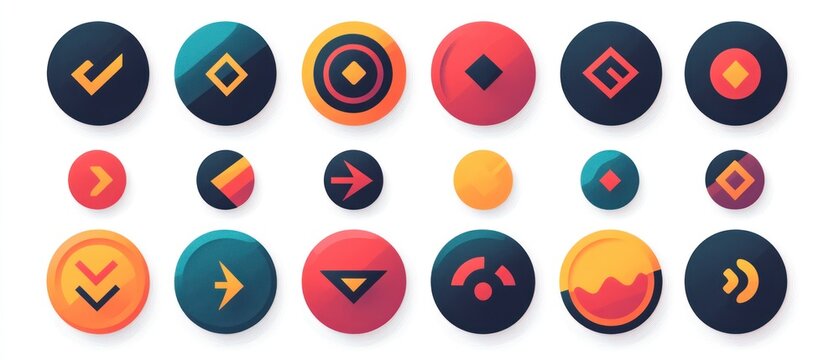 Collection of colorful round buttons with various symbols and arrows for app design.