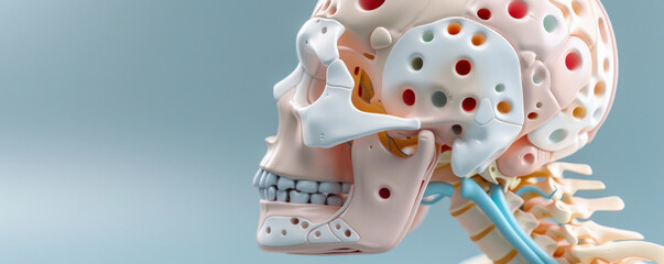detailed 3D printed model of human skull and brain structure showcases intricate anatomical features against soft blue background