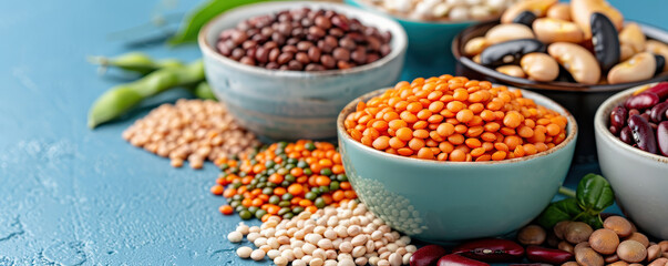 Naklejka premium variety of colorful beans and lentils are displayed in bowls on textured blue surface, showcasing vibrant and healthy assortment of legumes