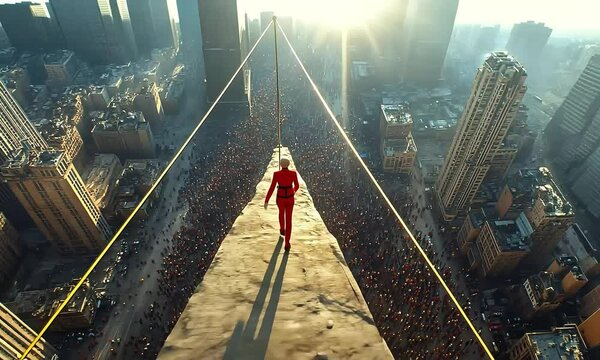 Highwire Walker Above City Skyline Courage, Risk, Balance, and Dawn