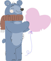 Adorable cartoon illustration of a blue bear wearing a cozy scarf and holding a pink heart-shaped balloon, symbolizing warmth, love, and kindness.