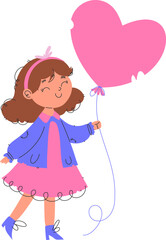 Adorable cartoon illustration of a smiling girl in a pink dress and blue jacket holding a pink heart-shaped balloon, symbolizing joy and love.