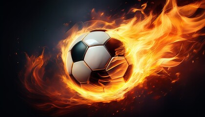 Fototapeta premium A soccer ball on fire, with dynamic flames trailing behind, capturing the intense energy and action of the game in a dramatic and fiery sports concept.