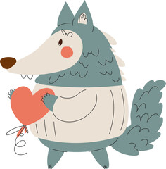 Cute illustrated wolf wearing a cozy sweater and holding a heart-shaped balloon. Perfect for love, friendship, Valentines Day, and whimsical designs.