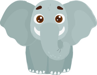 Adorable cartoon illustration of a smiling elephant with big brown eyes, large floppy ears, and a curled trunk on a white background.