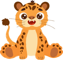 Adorable cartoon illustration of a sitting leopard with bright eyes, spotted fur, and a playful smile on a white background.