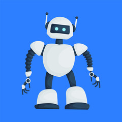 A friendly cartoon-style robot with a white and black body, smiling face, and flexible arms, standing against a bright blue background.