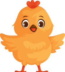 Adorable cartoon baby chick with big eyes, a red comb, and open wings, standing against a white background. Perfect for kids' designs.