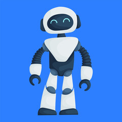 A friendly cartoon-style robot with a white and black body, smiling face, and flexible arms, standing against a bright blue background.