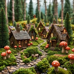 A tiny wooden town surrounded by moss and mushrooms in an evening forest setting. Generated AI