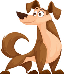 Cheerful cartoon-style illustration of a brown dog standing with a happy expression, wagging tail, and large expressive eyes in a playful pose.