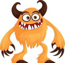 Playful cartoon-style orange furry monster with large curved horns, sharp claws, and a wide toothy grin, standing in a mischievous pose.