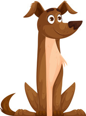 Cute cartoon-style illustration of a brown dog sitting with a happy expression, featuring large eyes, floppy ears, and a playful look.