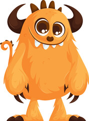 Adorable cartoon-style orange furry monster with big round eyes, curved horns, small spikes, a curly tail, and a friendly toothy smile.
