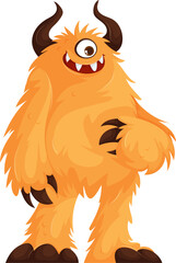 Playful cartoon-style furry orange monster with a single large eye, curved horns, sharp claws, and a friendly grin, standing in a relaxed pose.