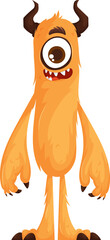 Whimsical cartoon-style tall orange monster with a single large eye, curved horns, long arms, and a furry body, standing with a friendly grin.