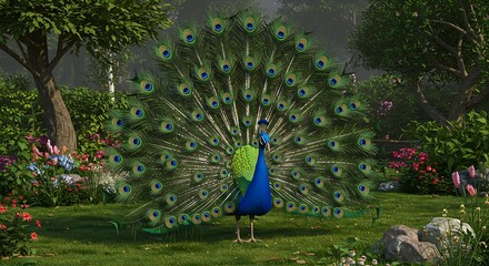 Obraz premium A vibrant 3D peacock spreading its feathers in a lush green garden