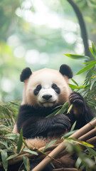Obraz premium A fluffy panda bear rests among bamboo leaves, capturing the tranquility of wildlife. 