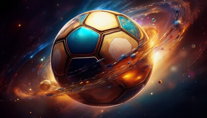 Naklejka premium A surreal and artistic concept of a soccer ball as a planet floating in space, surrounded by stars and galaxies, blending sports with the cosmos in a unique cosmic sports vision.