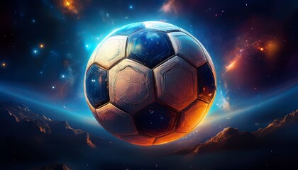 Fototapeta premium A surreal and artistic concept of a soccer ball as a planet floating in space, surrounded by stars and galaxies, blending sports with the cosmos in a unique cosmic sports vision.