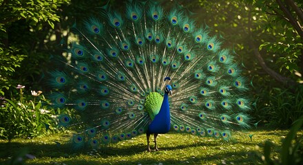 Obraz premium A vibrant 3D peacock spreading its feathers in a lush green garden