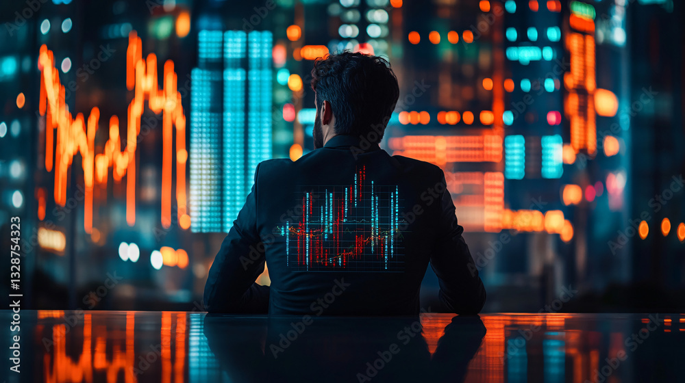 Aufkleber Troubled investor sitting at table analyzing data on digital stock chart with expressions of concern and focus