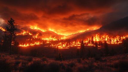 Intense wildfire blaze illuminating the night sky amidst rugged mountain landscape in a dramatic display of nature