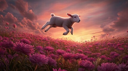 Sheep leaping gracefully in a vibrant field filled with colorful wildflowers under a clear blue sky