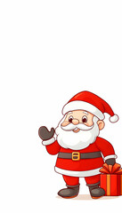 Cheerful Santa Claus waves, holding a gift